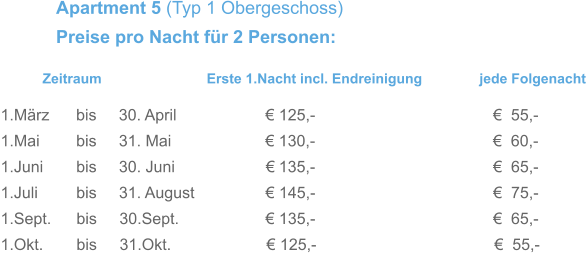 Zeitraum                           Erste 1.Nacht incl. Endreinigung             jede Folgenacht 1.März      bis     30. April                    € 125,-                                        €  55,- 1.Mai        bis     31. Mai                    € 130,-                                        €  60,-   1.Juni       bis     30. Juni                    € 135,-                                        €  65,-   1.Juli        bis     31. August               € 145,-                                        €  75,-  1.Sept.      bis     30.Sept.                   € 135,-                                        €  65,- 1.Okt.       bis     31.Okt.                     € 125,-                                        €  55,-      Apartment 5 (Typ 1 Obergeschoss) Preise pro Nacht für 2 Personen: